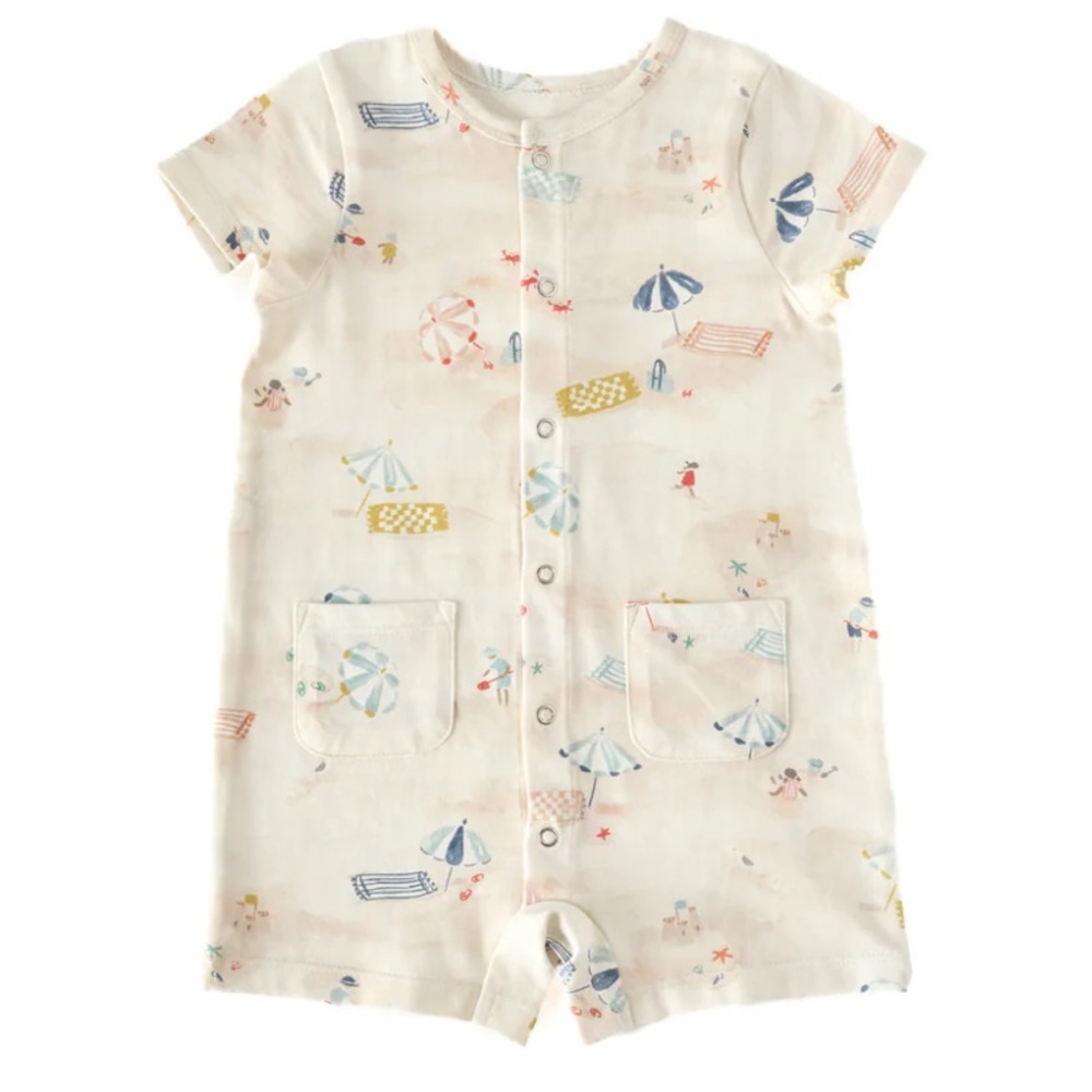 Pehr Short Sleeve Pocket Romper in Sand 6-12 mos